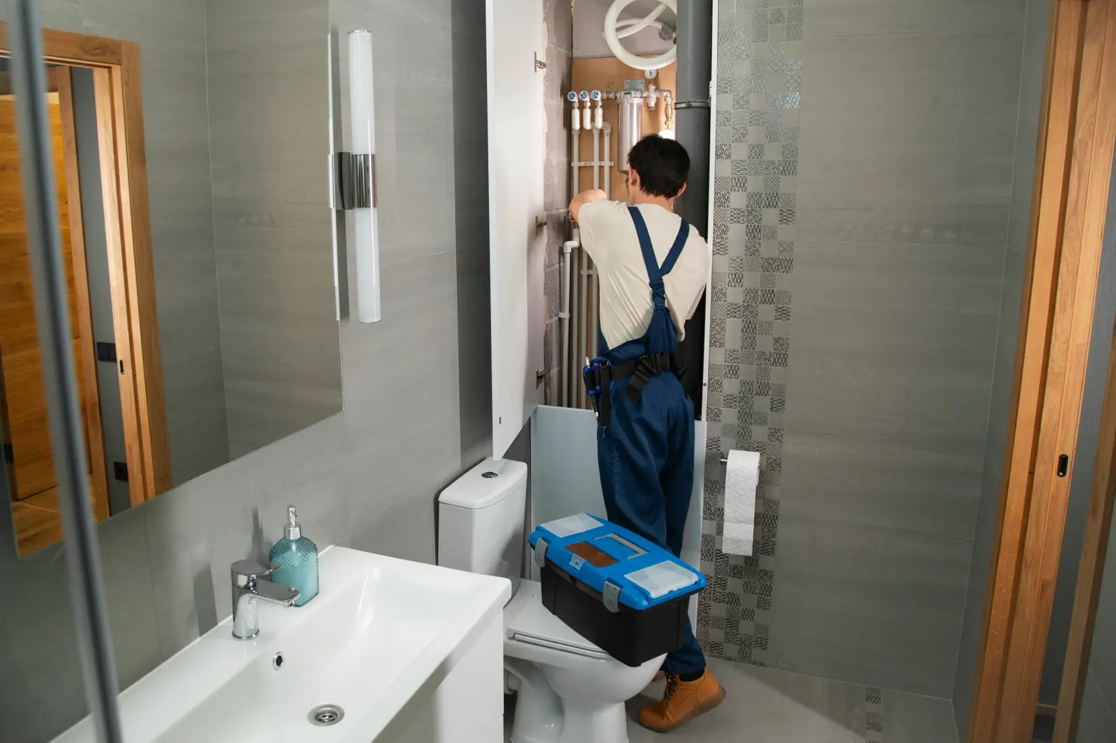 Un plombier intervient dans une salle de bain